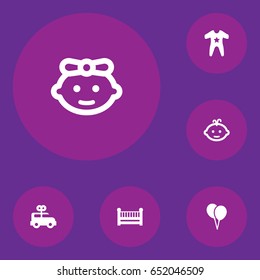 Set Of 6 Child Icons Set.Collection Of Air Balloon, Smock, Bus And Other Elements.
