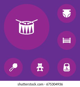 Set Of 6 Child Icons Set.Collection Of Breastplate, Barrel, Nappy And Other Elements.