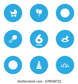 Set Of 6 Child Icons Set.Collection Of Hangings, Pram, Maraca And Other Elements.