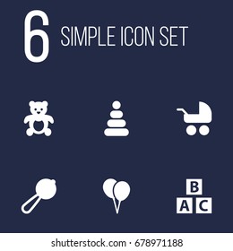 Set Of 6 Child Icons Set.Collection Of Bear, Pram, Toy And Other Elements.