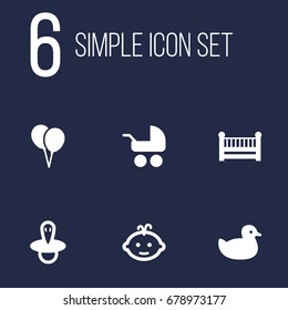 Set Of 6 Child Icons Set.Collection Of Duck, Teat, Cot And Other Elements.