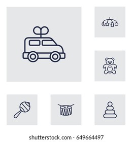 Set Of 6 Child Outline Icons Set.Collection Of Toys, Clockwork Car, Teddy And Other Elements.