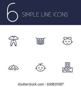 Set Of 6 Child Outline Icons Set.Collection Of Baby, Drum, Boy And Other Elements.