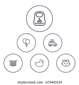 Set Of 6 Child Outline Icons Set.Collection Of Bib, Baby, Drum And Other Elements.