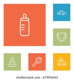 Set Of 6 Child Outline Icons Set.Collection Of Rattles, Diaper, Clockwork Car And Other Elements.