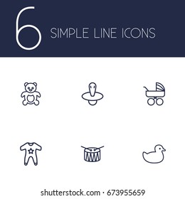 Set Of 6 Child Outline Icons Set.Collection Of Smock, Teddy, Rubber And Other Elements.