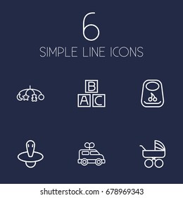 Set Of 6 Child Outline Icons Set.Collection Of Clockwork Car, Carriage, Bib And Other Elements.