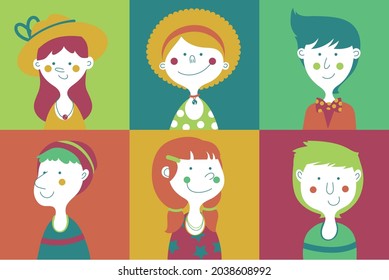 Conjunto de 6 rostros infantiles, se puede usar como patrón o individualmente. 