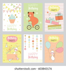 Set of 6 children's Birthday backgrounds with cute bear, rabbit, cake, gift boxes and others.Vector illustration.