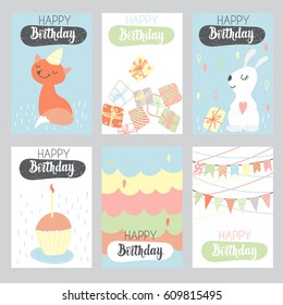 Set of 6 children's Birthday backgrounds with cute fox, hare, cake and flags. Vector illustration.