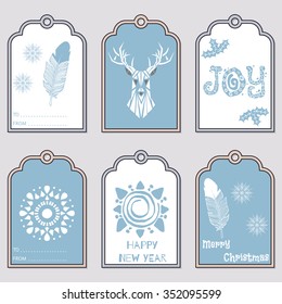 Set of 6 Christmas cards. Happy New Year, Merry Christmas labels with deer, feather, snowflake, and more. Vector template for greeting card, congratulation, poster, tag, etc. Winter holidays design.