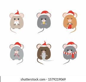 Set of  6 Christmas  cute cartoon mice in vector. Funny and happy new year mouse. Chinese symbol 2020 new year. Christmas decoration. 
