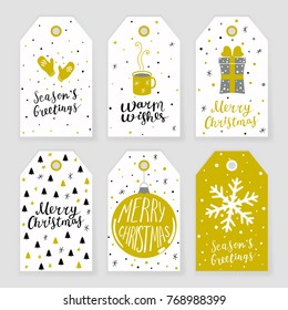 Set of 6 Christmas gift tags with hand drawn decorative elements and lettering