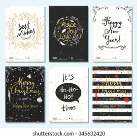 set of 6 Christmas Greeting Cards with holly jolly. Merry Christmas lettering. Template for New 2016 Year Cards, Scrapbooking, Stickers, Planner, Invitations.