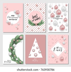 Set of 6 Christmas Greeting Cards with happy new year in pink, blue, white. Merry Christmas lettering. Template for New 2018 Year Cards, Scrapbooking, Stickers, Planner, Invitations, tags, EPS10