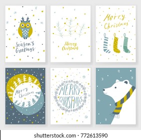 Set of 6 Christmas greeting cards with hand drawn decorative elements and lettering