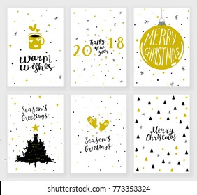 Set of 6 Christmas greeting cards with hand drawn decorative elements and lettering