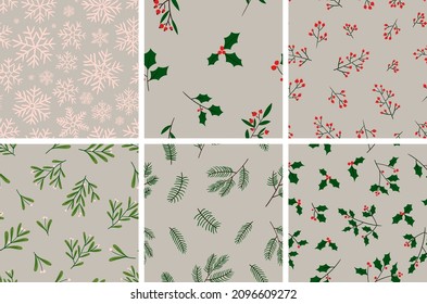 Conjunto de 6 patrones vectoriales navideños. Diseño de fondo floral de invierno. Felices texturas de Año Nuevo