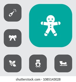Set of 6 christmas icons set. Collection of festive bow, champagne, teddy and other elements.