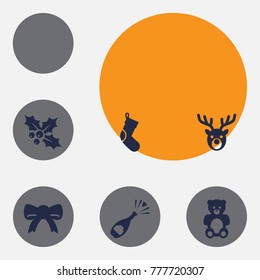 Set Of 6 Christmas Icons Set.Collection Of Bear, Deer, Fizz And Other Elements.