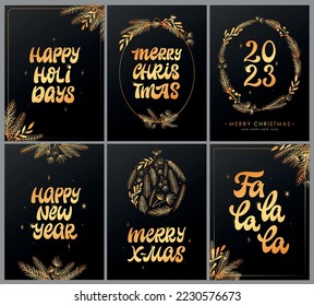 set of 6 Christmas and New Year greeting cards, posters, prints, invitations, templates, banners, etc. Gold lettering quotes decorated with fir tree branches on black backgrounds. EPS 10