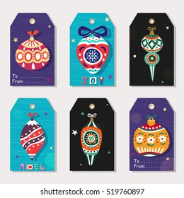 Set of 6 Christmas and New Year gift tags. Collection of hand drawn labels with cute Christmas balls. Vector holiday elements