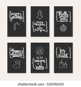 Set of 6 Christmas and New Year greeting cards with hand drawn brush lettering and sketch elements. Holiday invitation.