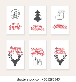 Set of 6 Christmas and New Year greeting cards with hand drawn brush lettering and sketch elements. Holiday invitation