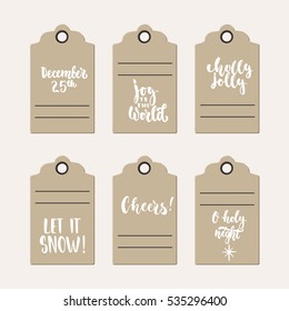Set of 6 Christmas and New Year gift tags with hand drawn brush lettering. Holiday invitation.