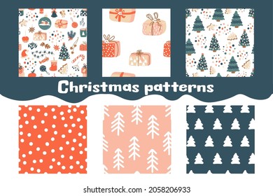 Set of 6 Christmas patterns. Vector backgrounds with spruce, gift boxes and dots. Ideal for design of fabric, cards, wrapping paper for Happy New year