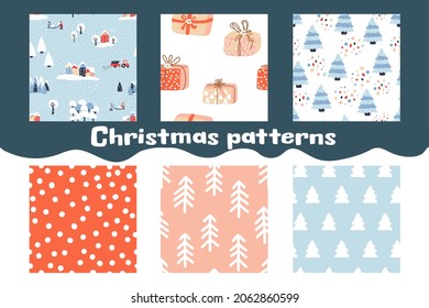 Set of 6 Christmas patterns. Vector backgrounds with spruce, gift boxes, confetti, winter landscape  and dots. Ideal for design of fabric, cards, wrapping paper for Happy New year
