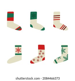 Set of 6 Christmas socks icons, simple cute cartoon style green and red holiday decorative element, for greeting cards, gifts, booklets, banners and more. EPS10 vector illustration.