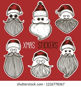Set of 6 Christmas stickers depicting different kind of Santa Claus beards, mustaches, hats and glasses. Sketch style hand drawn vector illustration