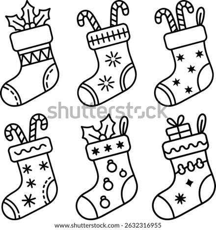 Set of 6 Christmas Stocking Line Art Illustrations – Festive Vector Bundle