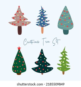 Un conjunto de 6 árboles de Navidad en una caricatura, lindo, de estilo plano. Si está decorado con globos, guirnaldas, corazones y estrellas. Si los colores son verde, gris, beige y violeta.