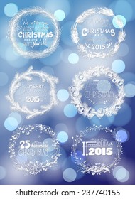 Set of 6 Christmas wreaths. Hand -drawn wreaths made of fir branches, holly berry leaves and fruits, decorated with baubles, bows and star on blue bokeh background. 