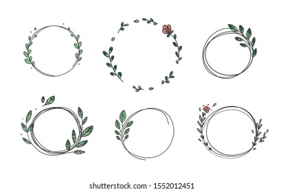 Conjunto de 6 cuadros dibujados a mano lindos en el fondo blanco. Decoración de guaridas dibujadas a mano con ramas, hojas y flores. Ilustración vectorial. Marcos de círculo