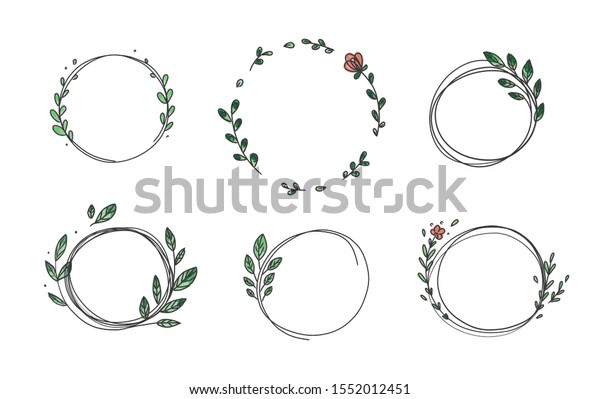 白い背景に6つの円のかわいい手描きのフレームのセット 落書き風手描きの花輪に 枝 葉 花を付ける ベクターイラスト 円フレーム のベクター画像素材 ロイヤリティフリー