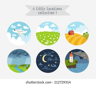 Set of 6 circle locations, little landscapes, seascapes and cloudscapes, vector illustration, flat style