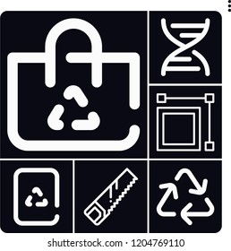 Set of 6 circle outline icons such as saw, recycling, recycle, recyclable, gmo