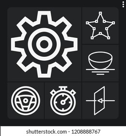 Set of 6 circle outline icons such as sphere, , exit, stopwatch, gear