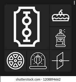 Set of 6 circle outline icons such as exit, spray, wheel, blade, timer