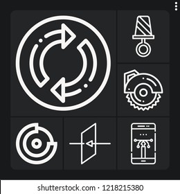Set of 6 circle outline icons such as circular saw, refresh, lollipop, exit, pie chart