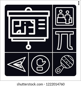 Set of 6 circle outline icons such as presentation, button, pi, check in, green arrow