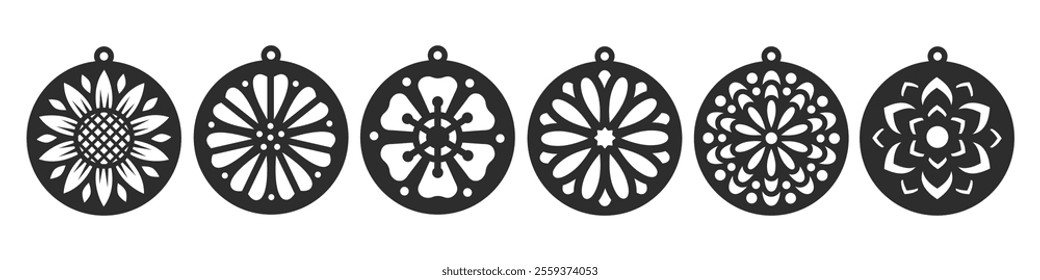 Set of 6 circle vector designs with flower for earrings, pendant or keychain. Jewelry silhouette laser cut template. Cnc cutting with metal, wood or leather. Floral hanging bijouterie