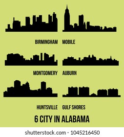 Set of 6 city silhouette in Alabama ( Huntsville, Gulf Shores, Montgomery, Birmingham, Auburn, Mobile )