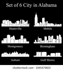 Set of 6 city silhouette in Alabama ( Huntsville, Gulf Shores, Montgomery, Birmingham, Auburn, Mobile )