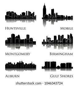 Set of 6 city silhouette in Alabama ( Huntsville, Gulf Shores, Montgomery, Birmingham, Auburn, Mobile )