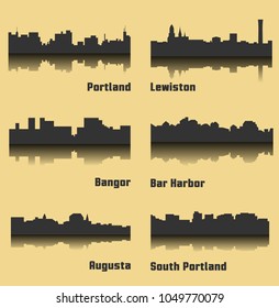 Set of 6 City silhouette in Maine ( Augusta, Bar Harbor, South Portland, Portland, Lewiston, Bangor )