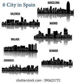 Set of 6 city silhouette in Spain ( Madrid, Zaragoza, Barcelona, Valencia, Malaga, Benidor )